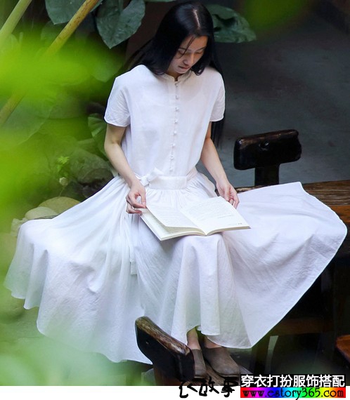 文艺棉麻短袖宽松连衣裙